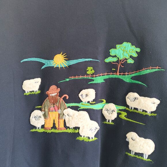 Vintage 90s Cottagecore Collared Sweatshirt 3D Farmer Sheep Pasture Scene Small - Picture 3 of 11